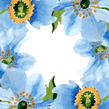 美麗的藍(lán)色罌粟與綠葉隔離在白色。水彩背景插圖。水彩畫(huà)時(shí)尚水彩畫(huà)。背景框架邊框裝飾