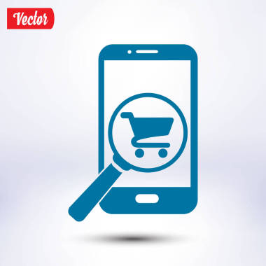 搜索购物在智能手机上的玻璃。在线购物图标
