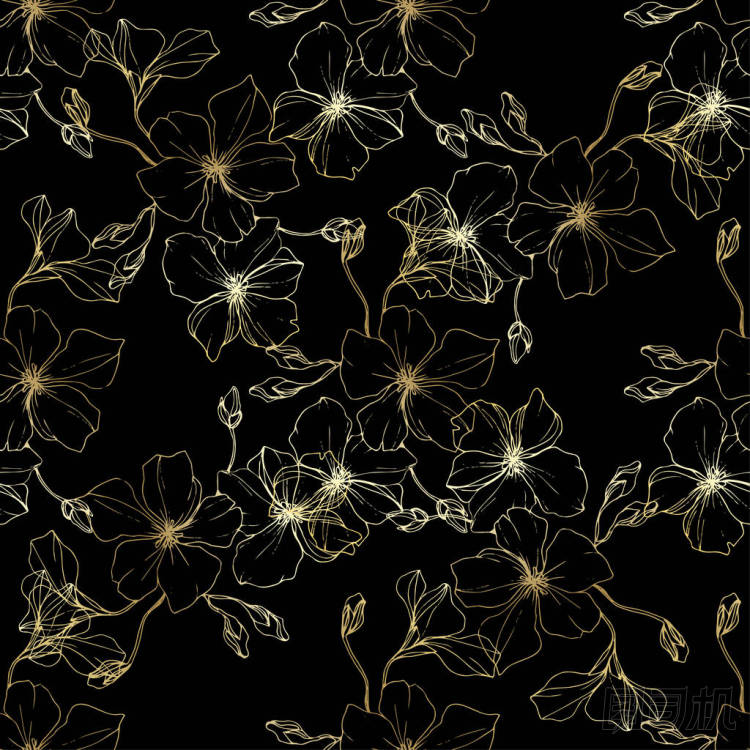 向量。亞麻花。雕刻的水墨藝術(shù)。黑色背景上的無(wú)縫圖案?？椢锉诩埓蛴〖y理