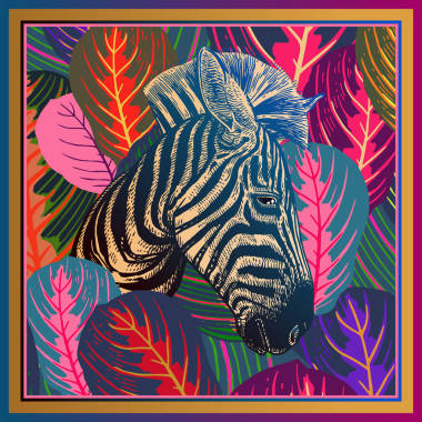 動物指紋頭非洲斑馬特寫鏡頭和條紋熱帶葉子。向量例證。全彩雜亂抽象背景。奢華的模式。設計圍巾、枕頭模板?，F(xiàn)代獸式