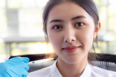 迷人的美丽的女人或顾客女孩得到满意和满意的质量, 在手术的临床上, 医生注射肉毒杆菌毒素 a 旁边下巴好看的脸在诊所形状