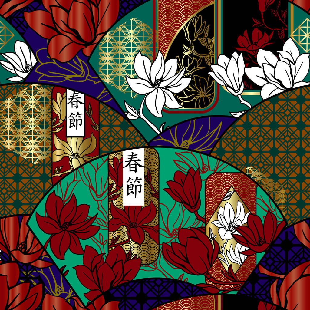 无缝模式与亚洲球迷和木兰。装饰 无缝模式与亚洲球迷和木兰。装饰