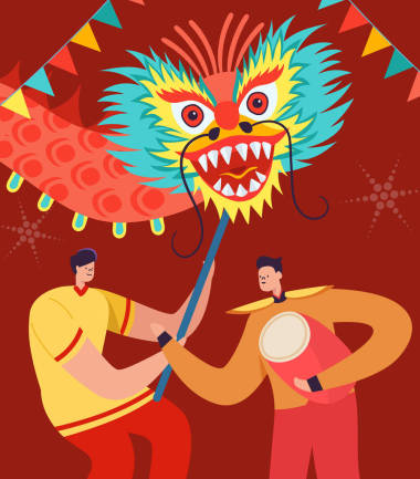 中國農(nóng)歷新年人們拿著龍。舞獅角色在游行或狂歡節(jié)上穿著中國傳統(tǒng)服裝。向量例