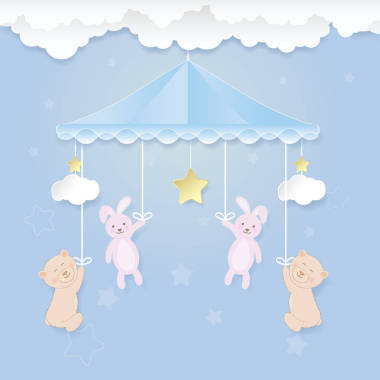 嬰兒移動(dòng)與泰迪熊, 兔子玩具和藍(lán)色的云。生日快樂(lè)的卡。淋浴卡片紙藝術(shù)樣式例
