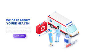 医疗概念与救护车和医生。等向矢量图。网页模板