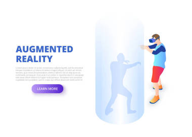 虛擬現(xiàn)實(shí)設(shè)計(jì)理念與人玩射手。等向矢量圖。網(wǎng)頁模板