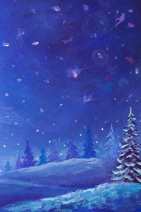晚蓝色冬天风景绘画绘画艺术与雪圣诞树松树在森林木油画例证假日背景艺术