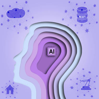 人的頭肖像剪影與艾芯片里面, 而不是大腦。使用連接大數(shù)據(jù)、物聯(lián)網(wǎng)、機器人技術(shù)、云計算的神經(jīng)網(wǎng)絡實現(xiàn)人工智能的概念