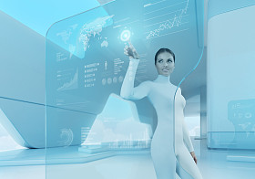 未来的技术。女孩按按钮的触摸屏界面