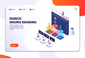 搜索引擎排名等距着陆页。seo 营销和分析, 在线排名结果。4ir 3d 矢量概念