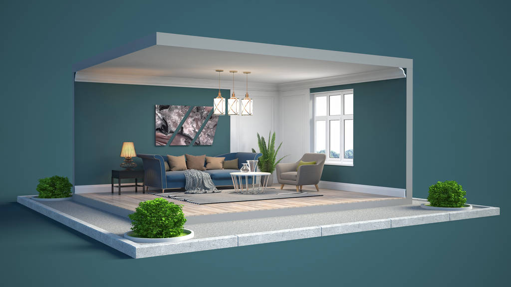 客厅内的一个盒子里。3d 插图