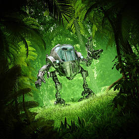 丛林机械机器人/ 3D科幻场景,机器人探索郁郁葱葱的绿色森林