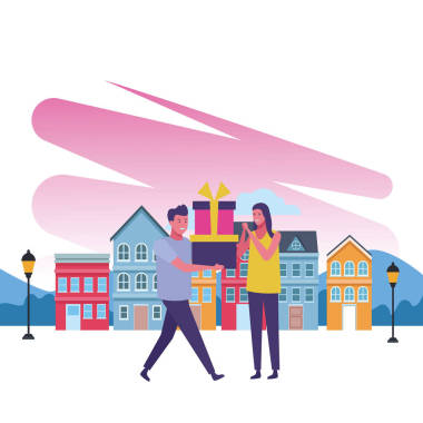 站起來夫婦與禮物在前面村莊房子卡通矢量插圖圖形設(shè)計(jì)