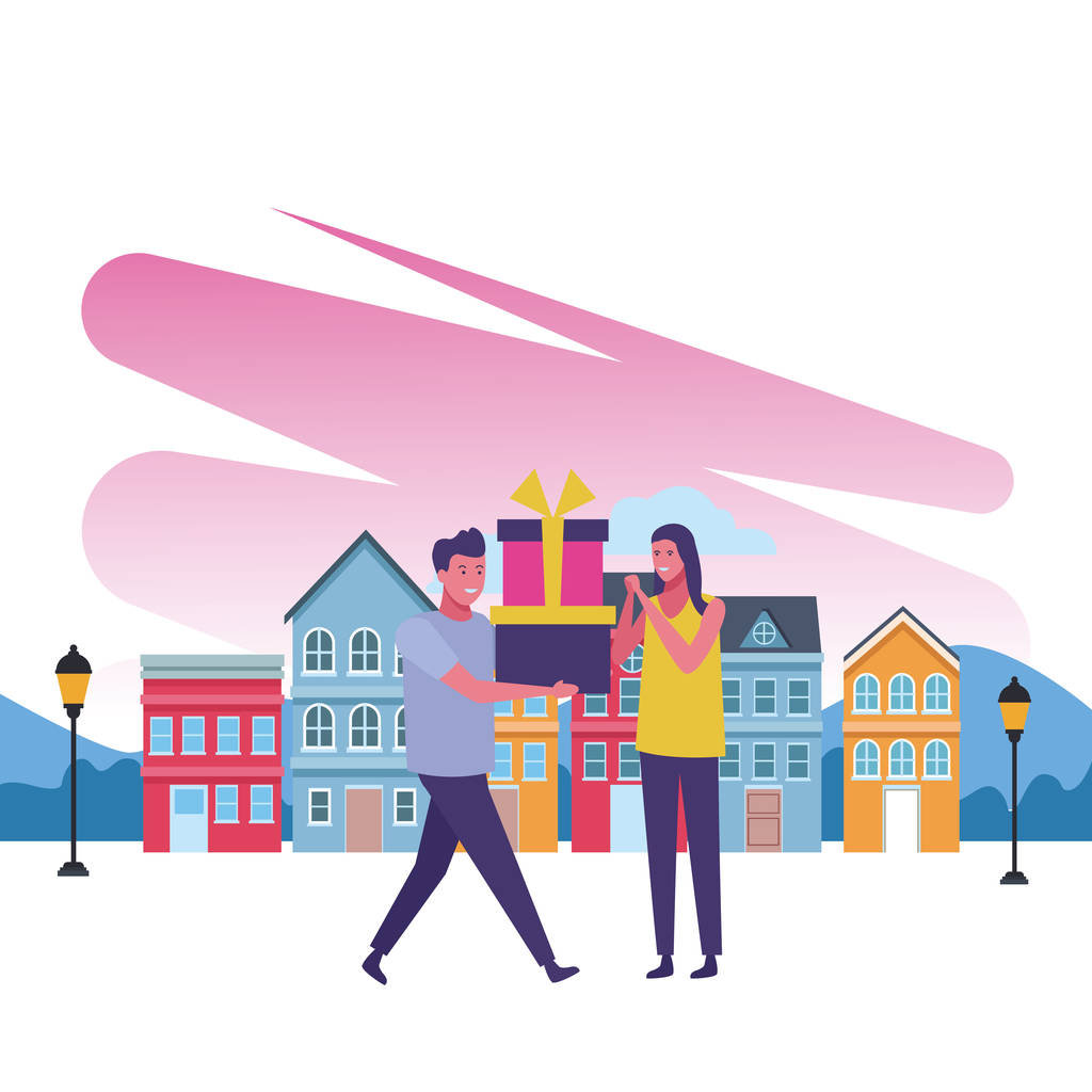 站起来夫妇与礼物在前面村庄房子卡通矢量插图图形设计 站起来夫妇与礼物在前面村庄房子卡通矢量插图图形设计