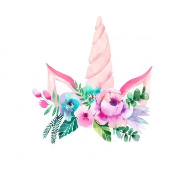 明亮美丽的春天可爱可爱的仙女独角兽与睫毛在花卉招标皇冠水彩手插图完美的贺卡, 纺织, 背景