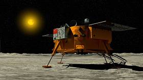 2019年1月3日, 月球探测器降落在月球表面, 背景是太阳。3d 插图