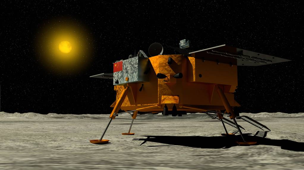 2019年1月3日, 月球探测器降落在月球表面, 背景是太阳。3d 插图