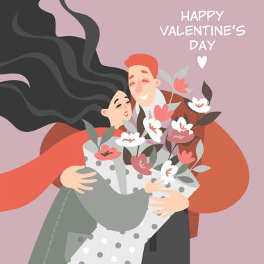 向量情人节例证与愉快的夫妇与花束花。卡通风格的贺卡