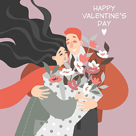 向量情人节例证与愉快的夫妇与花束花。卡通风格的贺卡