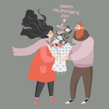 向量情人節(jié)例證與可愛的夫婦與花束。卡通風(fēng)格的賀卡