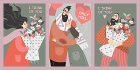 一套卡通风格的矢量情人节卡片。愉快的人与花束花束和一对夫妇与气球