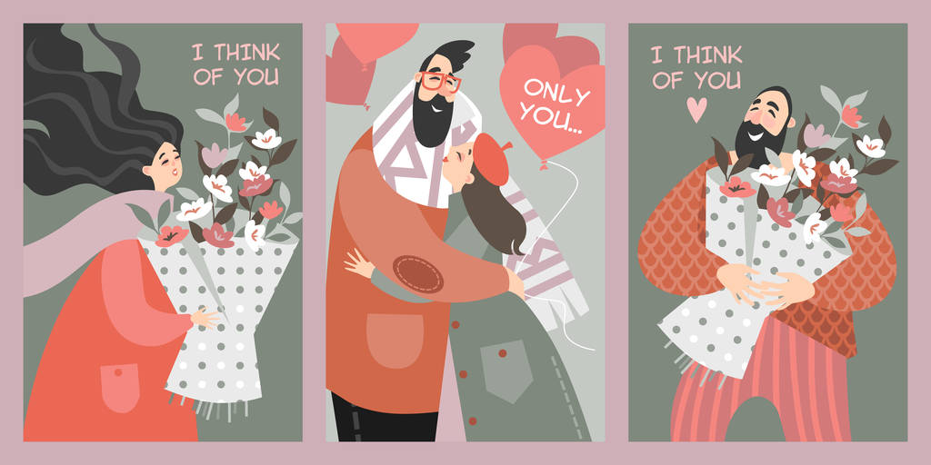 一套卡通风格的矢量情人节卡片。愉快的人与花束花束和一对夫妇与气球 一套卡通风格的矢量情人节卡片。愉快的人与花束花束和一对夫妇与气球