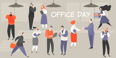 辦公室日的向量例證與繁忙的人執(zhí)行他們的工作職責(zé)。男人和女人見面、打電話、在電腦上工作