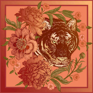 花园牡丹和野虎。设计围巾或枕头的模板。用动物和鲜花打印。野生动物图案。向量例证。野兽风