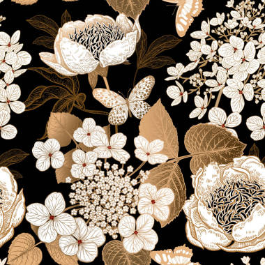 牡丹、繡球花和蝴蝶?；ɑ軓?fù)古無(wú)縫模式。金花和白花, 葉子, 在黑色背景的分支。東方風(fēng)格。向量例證藝術(shù)。紡織品、紙張模板