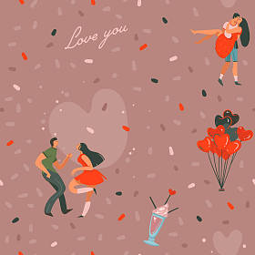 手绘矢量抽象漫画现代图形情人节快乐概念插图艺术无缝图案与舞伴在粉色彩绘背景下隔离在一起