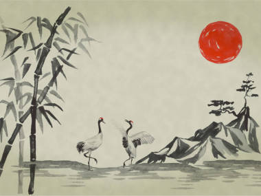 日本传统的相美画。水彩和水墨插图的风格 sumi-e, u-sin。富士山、樱花、日落。日本太阳。印第安墨水例证。日文图片