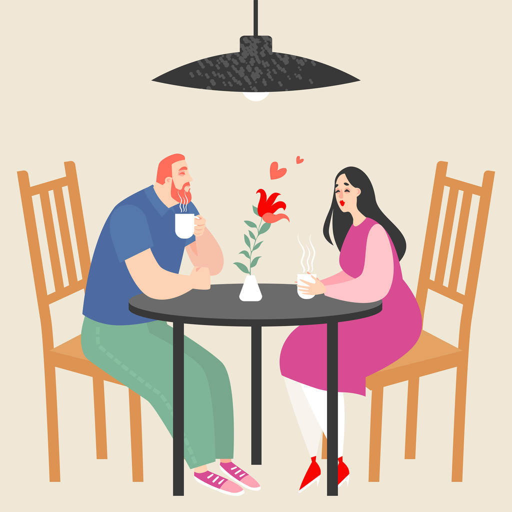 在咖啡馆里坐着的可爱夫妇的矢量插图。动画片字符
