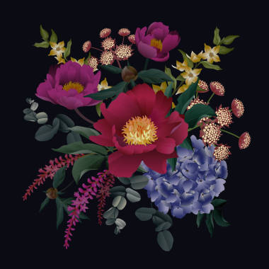 花园花卉装饰。气味牡丹, 绣球花, 桉树枝, 树叶, 黑色背景上的草药。花卉图案。卡片设计, 时尚界。向量例证。老式。维多利