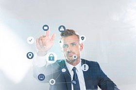 英俊的商人触摸技术图标与手指隔离在白色, 人工智能的概念