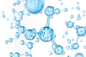 抽象分子设计。清澈的蓝色水原子。横幅或传单的抽象背景。科学或医学背景。3d 渲染插图