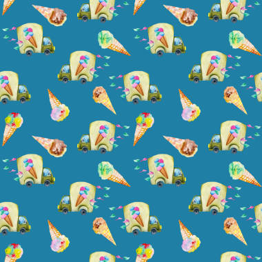 水彩冰淇淋车和冰淇淋锥无缝图案
