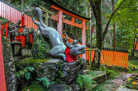 日本京都富见稻田神社的狐狸雕像喷泉