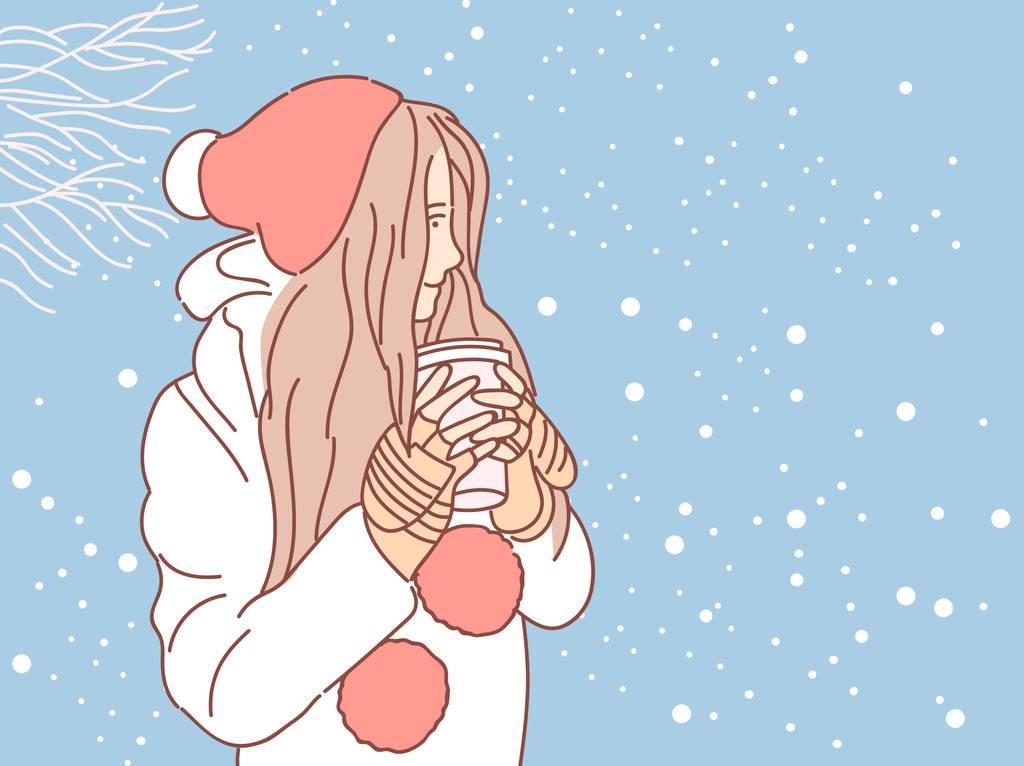 可爱的女孩在雪背景 (向量例证)
