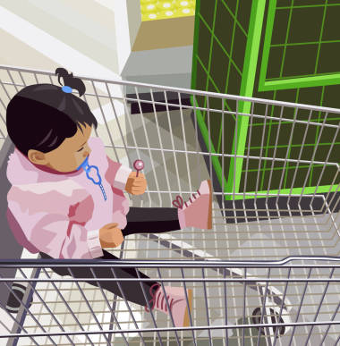 小女孩坐在食品手推车 (向量例证)