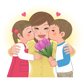 男孩和女孩亲吻妈妈图片