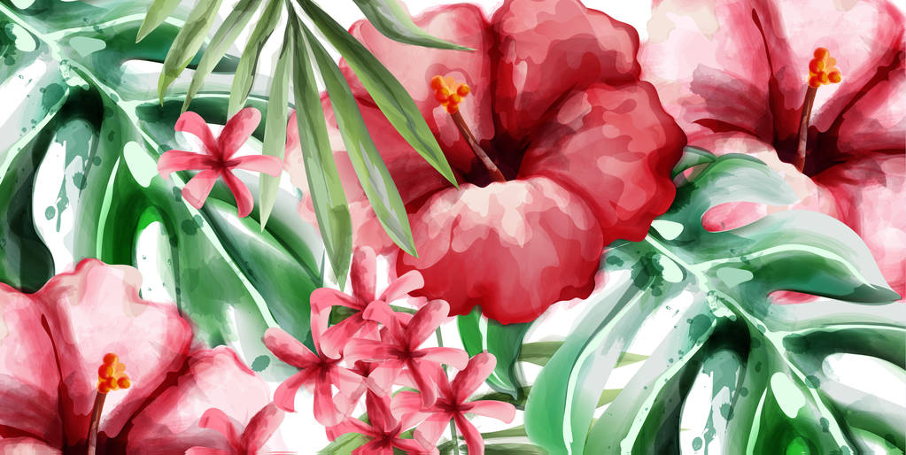 热带花卉背景向量水彩。精致的夏季异国情调模板 热带花卉背景向量水彩。精致的夏季异国情调模板