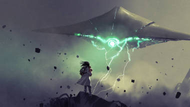 年輕母親抱著孩子看著天空中的宇宙飛船、數(shù)字藝術(shù)風(fēng)格、插圖畫的科幻場景