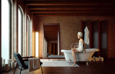 美麗的女孩在浴室用蠟燭圖片