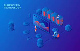 黑暗等距插图区块链。着陆页模板