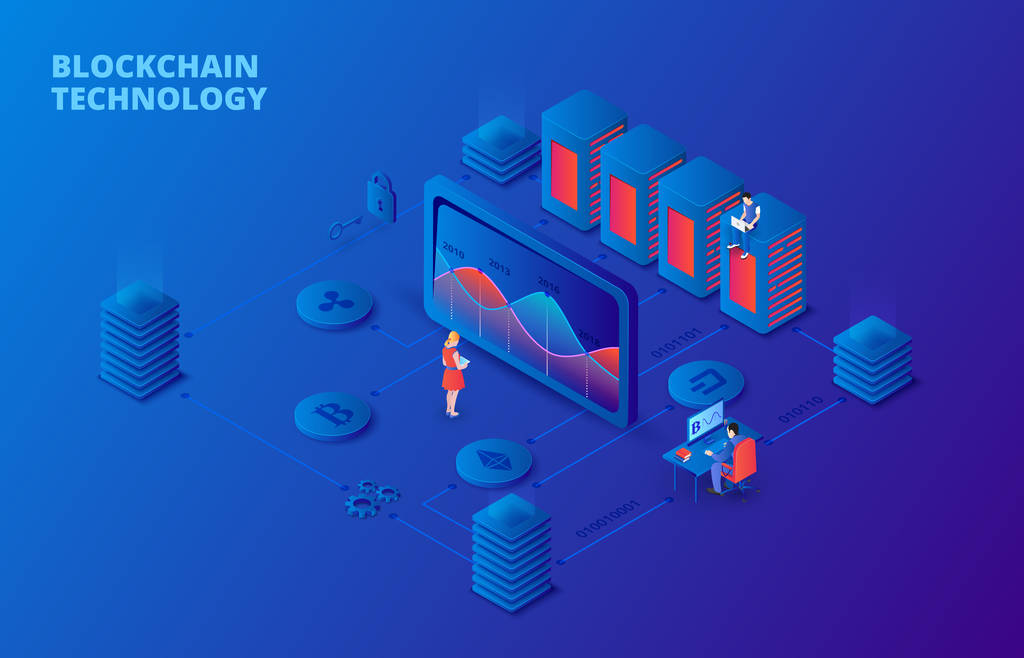 黑暗等距插图区块链。着陆页模板 黑暗等距插图区块链。着陆页模板