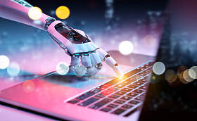 机器人机器人手按键盘在笔记本电脑3d 渲染