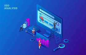 黑暗等距 seo 分析概念与人和显示器。着陆页模板