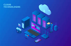 黑暗等距云存储技术的概念与服务器, 笔记本电脑和人。着陆页模板