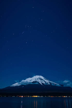 冬季从山中湖和猎户座欣赏富士山的夜景