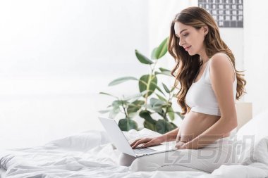 坐在床上使用筆記本電腦的迷人孕婦